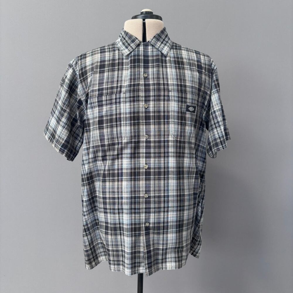 Dickies Early 2000s Y2K Gray Plaid Mens Short Sleeve Button Front Shirt Large